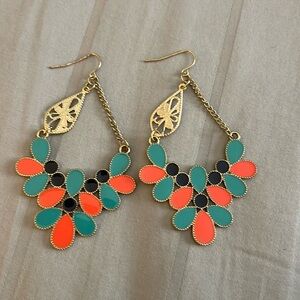 Unique Drop Earrings - Navy, Orange & Aqua